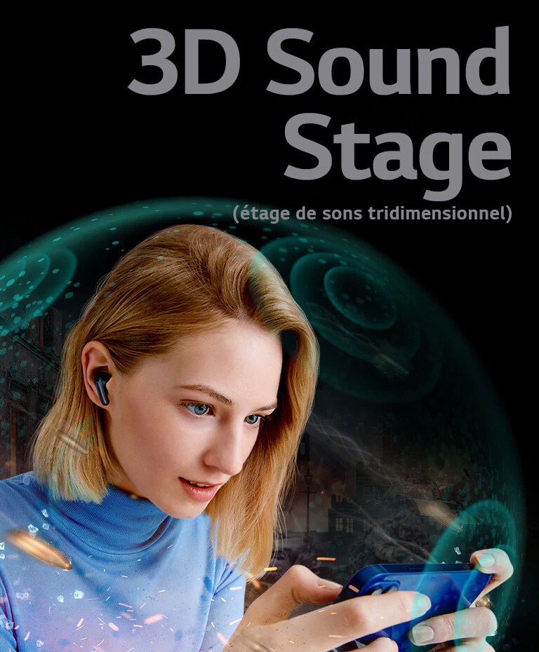 Une barrière transparente entoure une femme qui regarde un film sur son téléphone portant un TONE Free, et la phrase 3D Sound stage (étage de sons tridimensionnel) s’affiche en haut.
