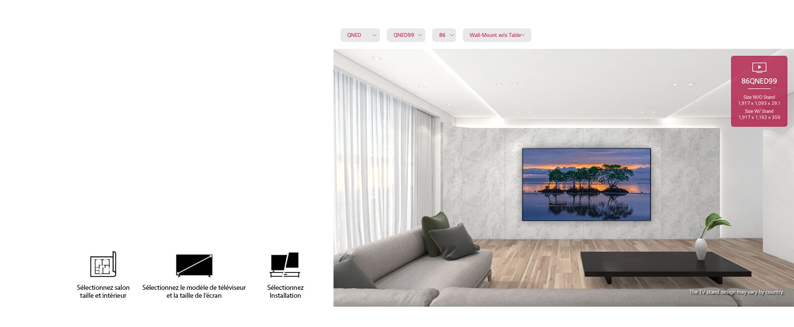 Un grand téléviseur à écran plat fixé sur un mur gris entouré de meubles gris et noirs modernes. L’écran montre une scène de trois arbres qui se reflètent dans l’eau lors d’un coucher de soleil.