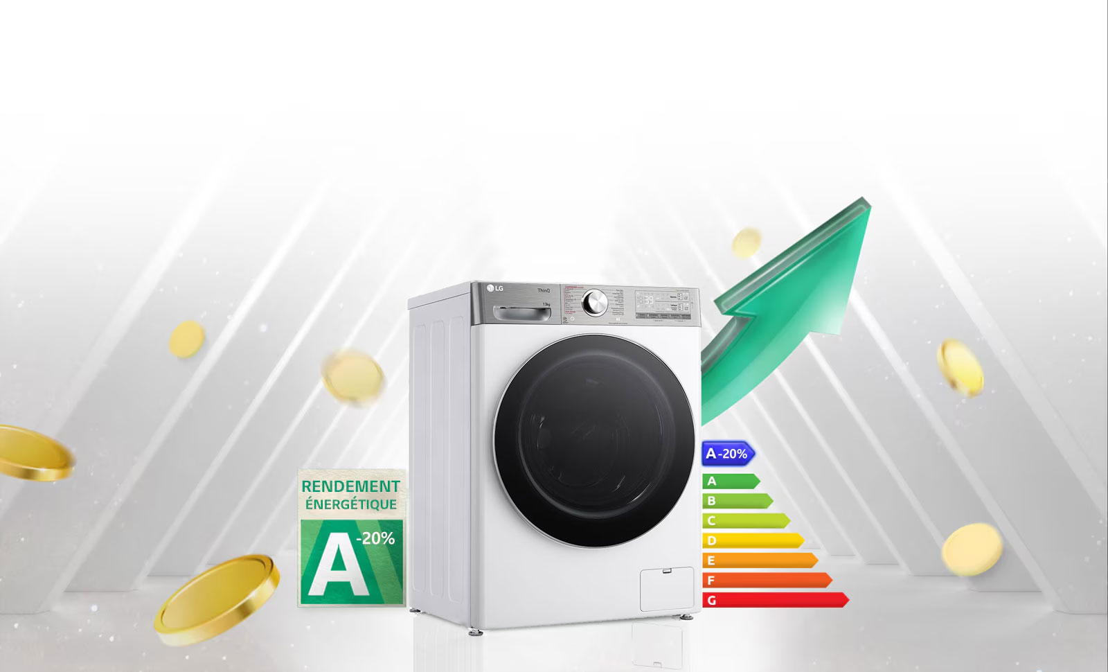 L’étiquette de rendement énergétique A-10 % et le graphique de rendement énergétique sont affichés à côté de la machine à laver. Derrière la machine à laver, la flèche verte apparaît dans le sens ascendant.