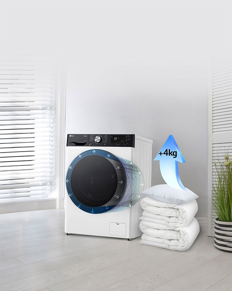Des couvertures et des oreillers sont placés à côté de la machine à laver, et une flèche indique que la capacité augmente de 2 kg sur l’oreiller.