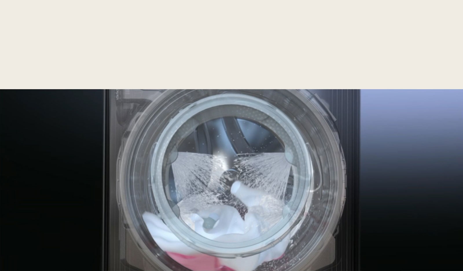 On voit une porte de machine à laver. L’eau jaillit de quatre directions à l’intérieur de la porte.