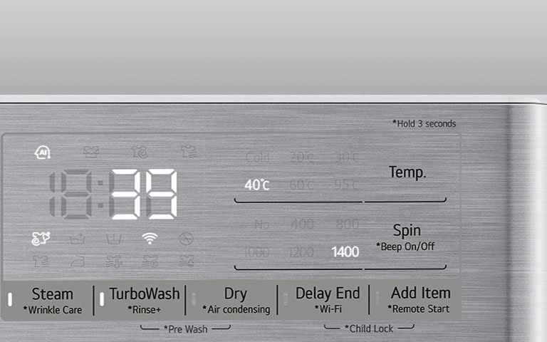 Voici une image agrandie du panneau d’une machine à laver qui permet de voir clairement l’écran.