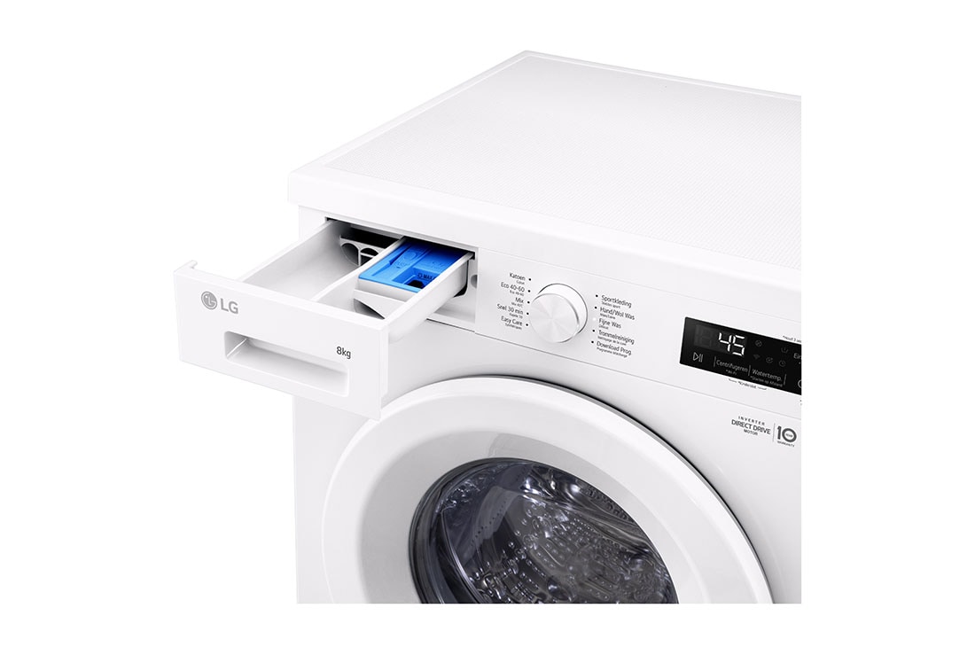LG Lave-linge  F4X1008NWH  | 8 kg | Classe énergétique A, top view with detergent draw open , F4X1008NWH, thumbnail 6