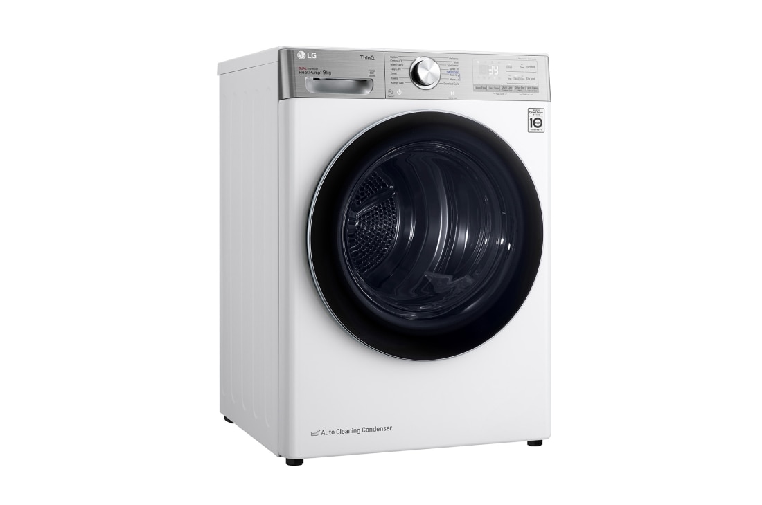 LG 9kg Sèche-linge RH90V9AV2QR Blanc | 6 Motion DD | ThinQ | Condenseur autonettoyant, Vue à 45°, RH90V9AV2QR, thumbnail 12