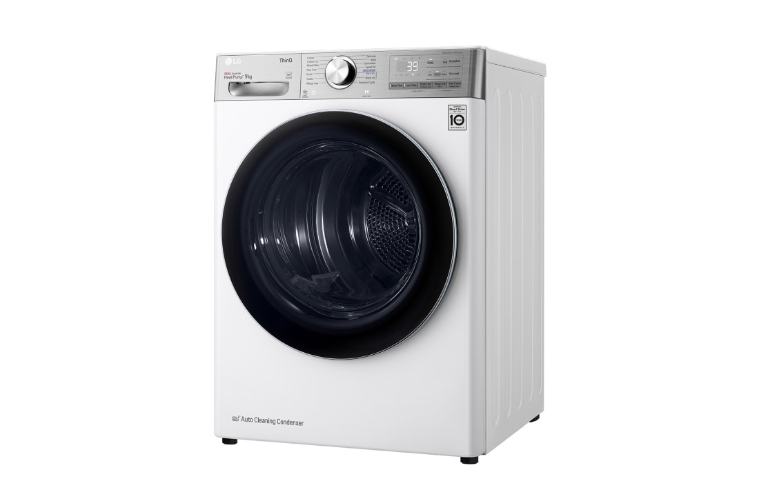 LG 9kg Sèche-linge RH90V9AV2QR Blanc | 6 Motion DD | ThinQ | Condenseur autonettoyant, Vue à 45°, RH90V9AV2QR, thumbnail 13