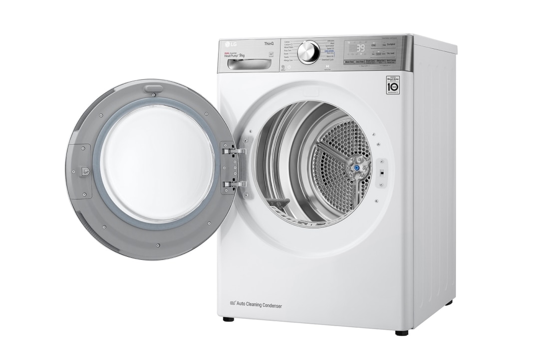 LG 9kg Sèche-linge RH90V9AV2QR Blanc | 6 Motion DD | ThinQ | Condenseur autonettoyant, Vue à 45°, RH90V9AV2QR, thumbnail 3