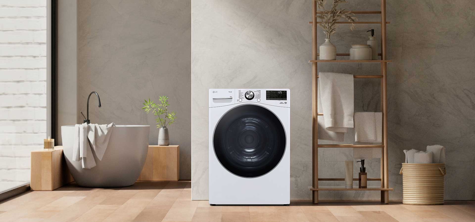 Vidéo suivant un gros plan sur le sèche-linge LG dans la buanderie avec une machine à laver