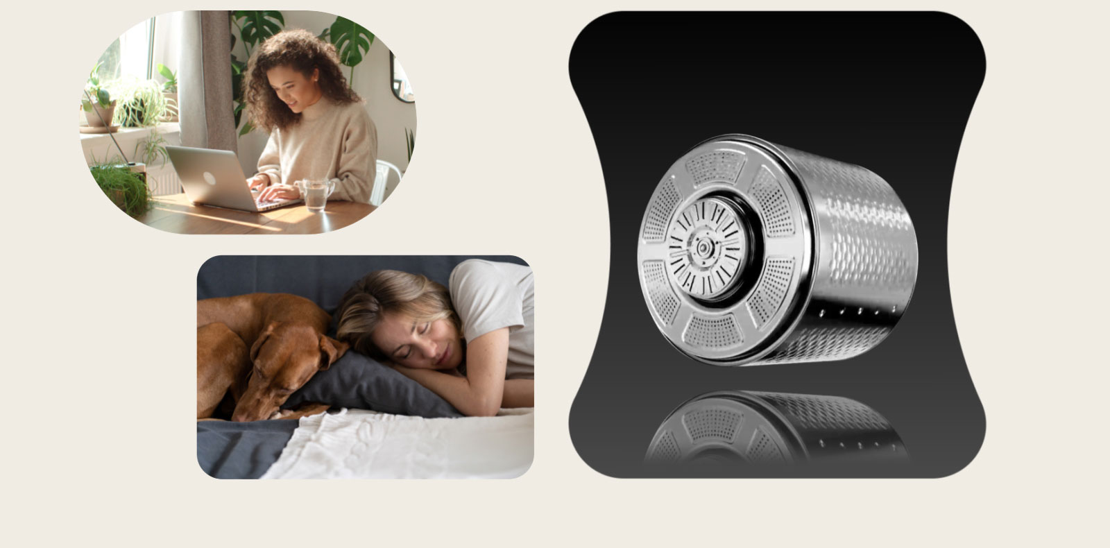 Un moteur Inverter Direct Drive™ de LG avec l’image d’une femme qui travaille de la maison et d’une autre femme en train de faire une sieste