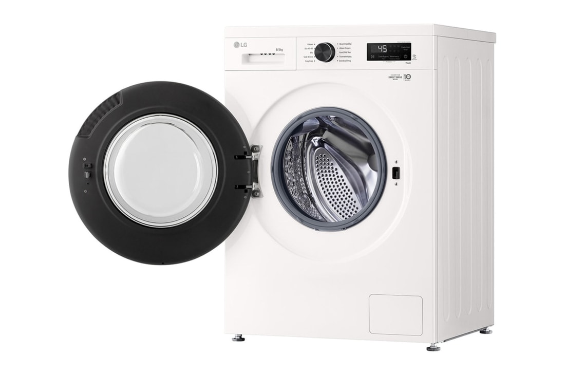 LG 8/5kg Lave-linge séchant Blanc | 6 motion DD™ | Steam™ | ThinQ™, +45 Degree view door open, W4X1085NWB, thumbnail 9