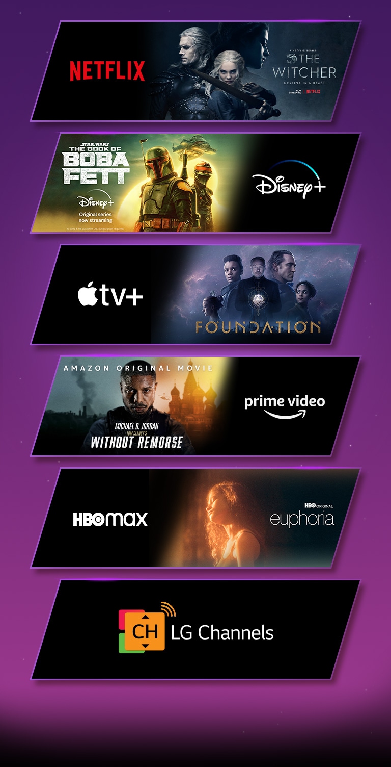 Il y a six blocs d’images - chacun avec le logo de la plate-forme de streaming et une image de séquence. Logo Netflix avec The Witcher, logo Disney plus avec Boba Fett, logo Apple TV plus avec Foundation, logo Prime Video avec Sans aucun remords, logo HBO max avec Euphoria, logo LG Channels et logo uniquement.  
