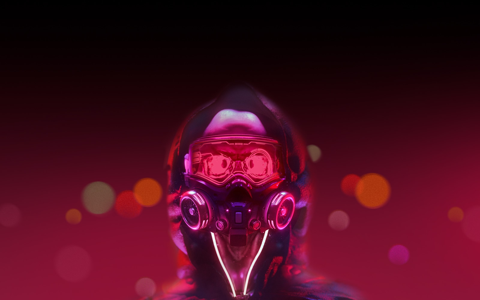 An image of a robot in red lighting. It blinks eyes slowly.