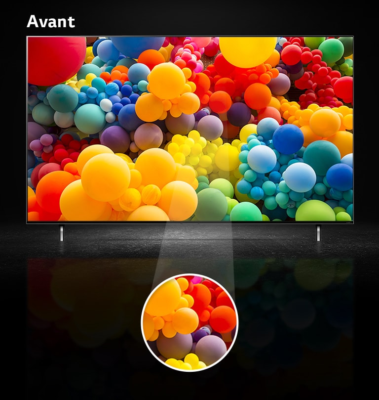 Vue de face de l’écran QNED et un mélange de ballons aux couleurs de l’arc-en-ciel à l’écran. Le texte indique « Avant » sur le dessus du téléviseur. Une partie centrale de l’écran est mise en évidence dans une zone circulaire séparée.