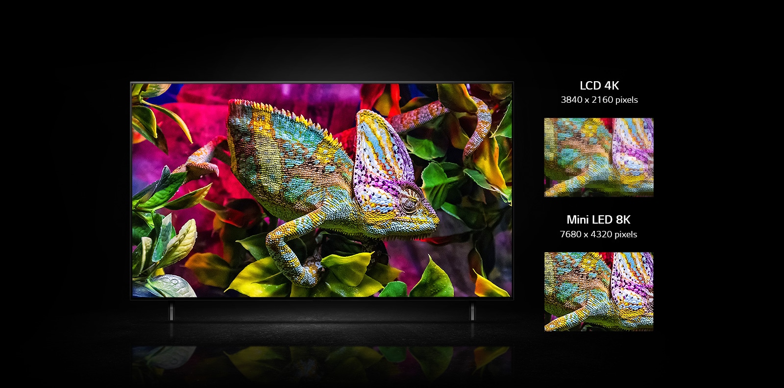 L’écran du téléviseur QNED montre un lézard très coloré assis sur des feuilles colorées. En-dessous du téléviseur QNED, on peut voir deux petites images d’un gros plan sur une partie de lézard montrant des détails de sa peau. À gauche se trouve la version LCD 4K et à droite la version mini-LED 8K. L’image mini-LED 8K est plus vive et plus claire.