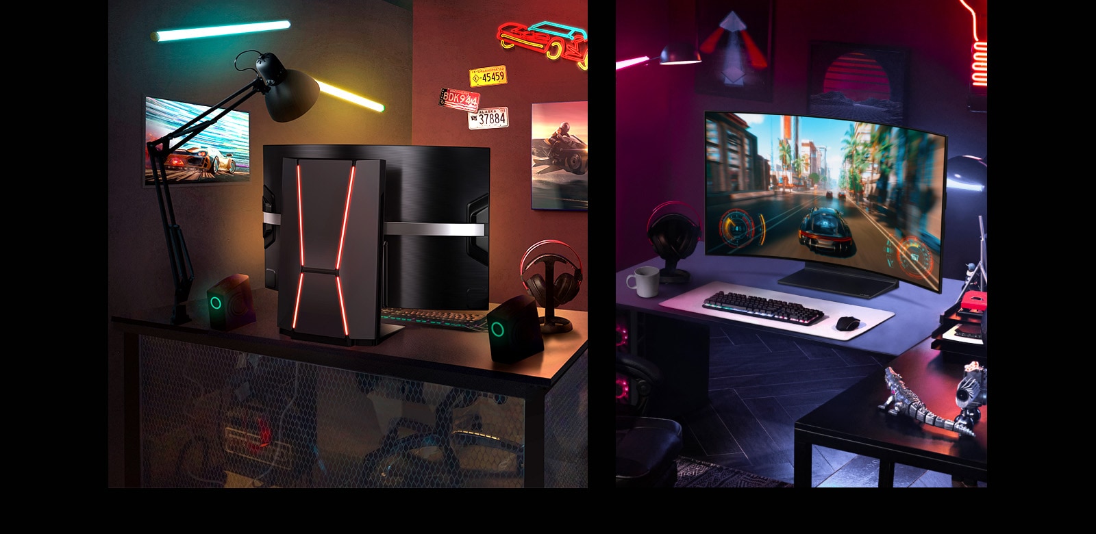 Vue arrière du LG OLED Flex dans une salle de jeu colorée. Le Shield Design est illuminé par un éclairage arrière rouge.   Vue avant du LG OLED Flex dans une salle de jeu sombre et violette qui affiche un jeu de course.