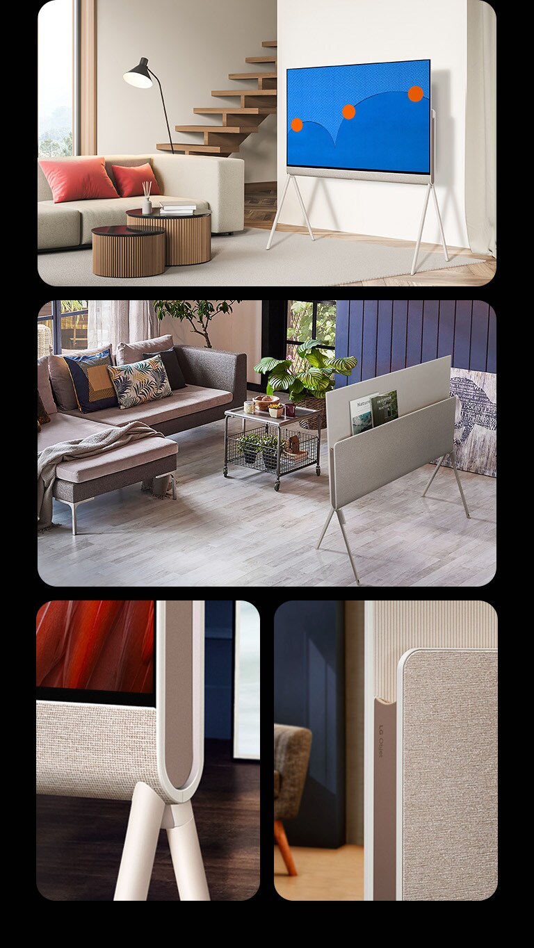 Vue avant du LG OLED Posé dans un espace de vie blanc et boisé qui affiche une œuvre d’art minimaliste colorée à l’écran.  Vue arrière du LG OLED Posé dans un espace de vie aux couleurs rétro avec un disque vinyle sur l’étagère multimédia.   Deux images différentes côte à côte d’un gros plan incliné du LG OLED Posé affichant les courbes arrondies de ses bords et de son étagère arrière.