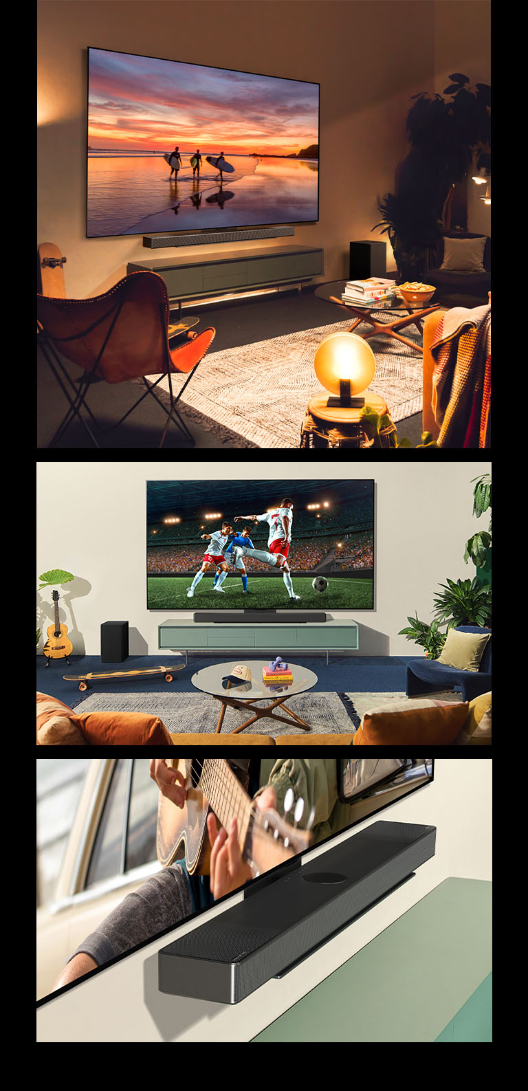 Une vue de profil du LG OLED evo C4 qui affiche une photographie d’un paysage dans un espace de vie décontracté et bohémien éclairé de lumières chaudes.   Deux femmes regardent et s’enthousiasment pour le match de football qui est affiché sur un LG OLED evo C4 dans un espace de vie éclairé et décontracté. La LG Soundbar SC9 s’attache nettement à la TV.   Une vue tronquée inclinée du LG OLED evo C4 attaché à la LG Soundbar SC9 avec le support Synergy. 