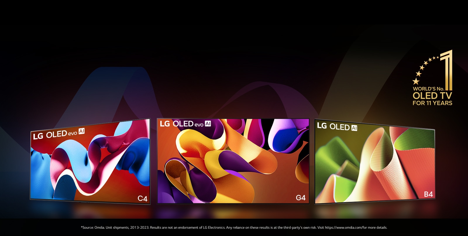 PC : LG OLED evo G4, LG OLED evo C4 et LG OLED B4 côte à côte, chacun affichant une œuvre d’art abstraite colorée à l’écran. La lumière de chaque TV illumine le sol en dessous. Un emblème doré de OLED TV 11 ans numéro 1 mondial apparaît dans le coin supérieur droit.  MO : LG OLED evo G4, LG OLED evo C4 et LG OLED B4 en ligne, chacun affichant une œuvre d’art abstraite colorée à l’écran. La lumière de chaque TV illumine le sol en dessous. Un emblème doré de OLED TV 11 ans numéro 1 mondial apparaît dans le coin supérieur droit.
