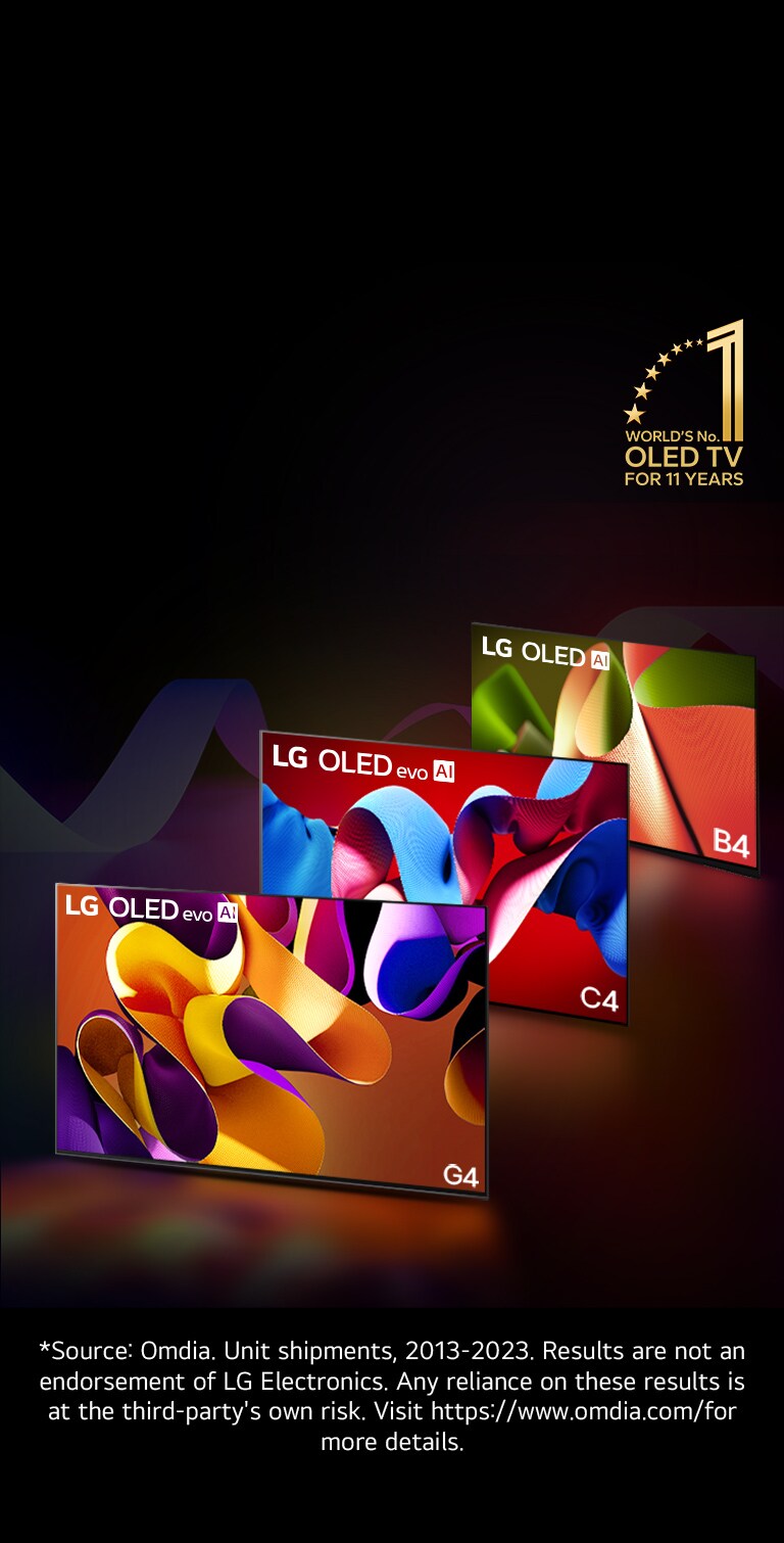 PC : LG OLED evo G4, LG OLED evo C4 et LG OLED B4 côte à côte, chacun affichant une œuvre d’art abstraite colorée à l’écran. La lumière de chaque TV illumine le sol en dessous. Un emblème doré de OLED TV 11 ans numéro 1 mondial apparaît dans le coin supérieur droit.  MO : LG OLED evo G4, LG OLED evo C4 et LG OLED B4 en ligne, chacun affichant une œuvre d’art abstraite colorée à l’écran. La lumière de chaque TV illumine le sol en dessous. Un emblème doré de OLED TV 11 ans numéro 1 mondial apparaît dans le coin supérieur droit.