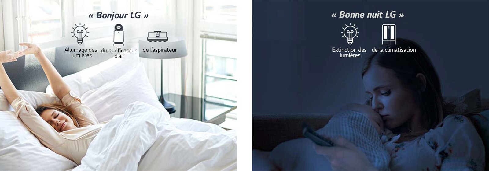 Une femme dans un lit se réveille le matin (gauche) et avec un bébé le soir (droite)