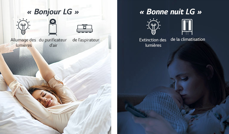 Une femme dans un lit se réveille le matin (gauche) et avec un bébé le soir (droite)