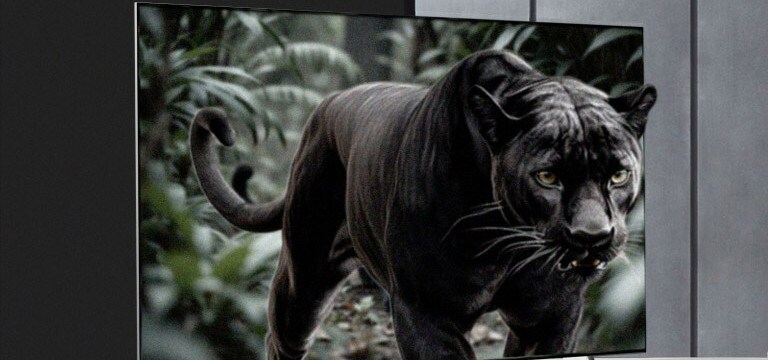 Une panthère dans la jungle semble sortir d’un écran de LG TV sur un support. Les lignes apparaissent comme si l’IA analysait la panthère, puis l’arrière-plan. L’image globale est améliorée, montrant comment l’amplificateur d’objet perçu IA apporte de la profondeur 3D à chaque scène. 