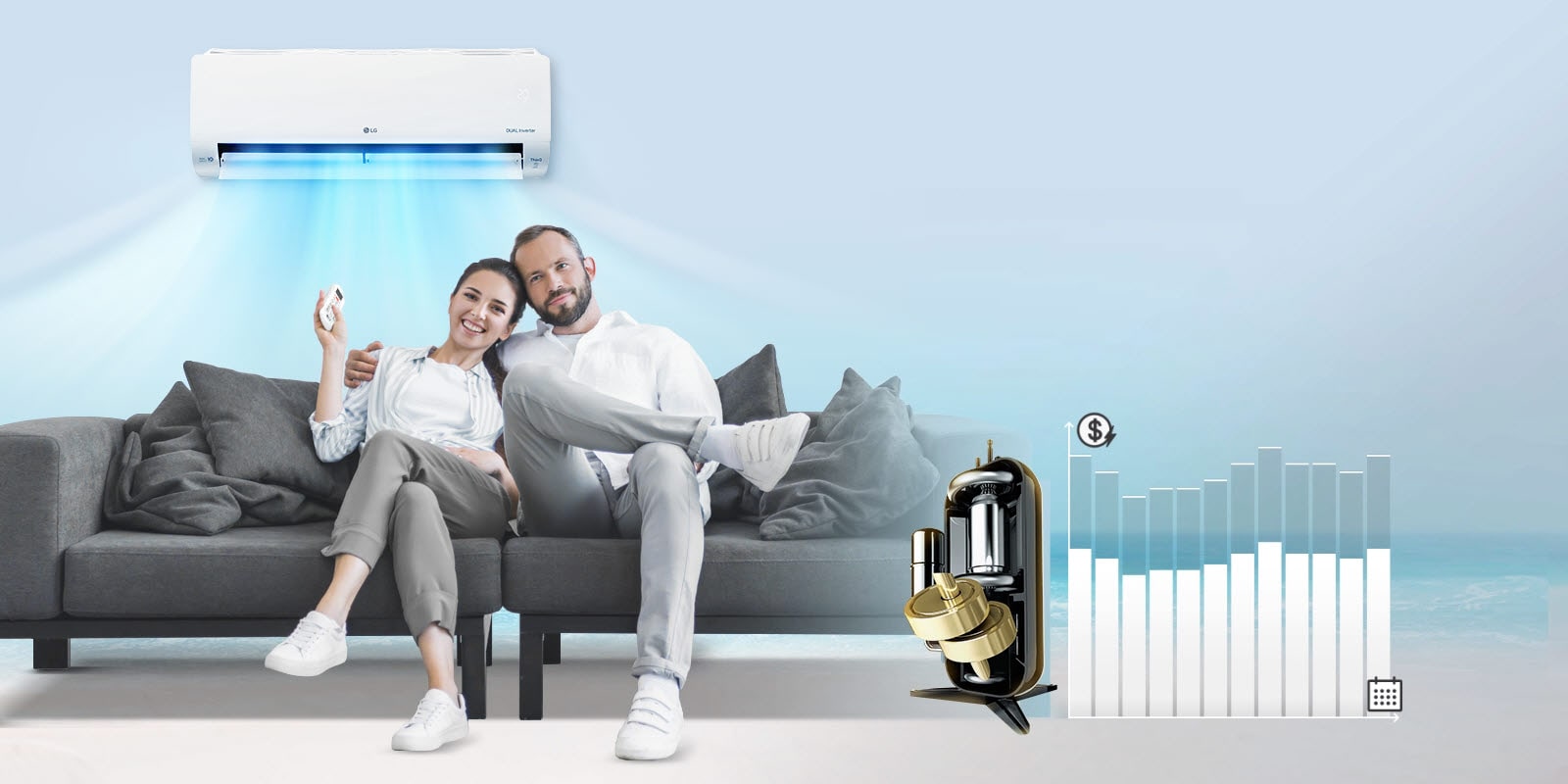Un couple est assis sur un canapé avec le climatiseur derrière eux qui souffle un air bleu tandis qu’ils sourient. Sur la droite se trouve un graphique représentant l’argent qu’il est possible d’économiser sur les factures d’électricité et un dessin de l’intérieur du climatiseur. La ligne du graphique bouge du haut vers le bas tandis que le climatiseur fait faire des économies au couple.