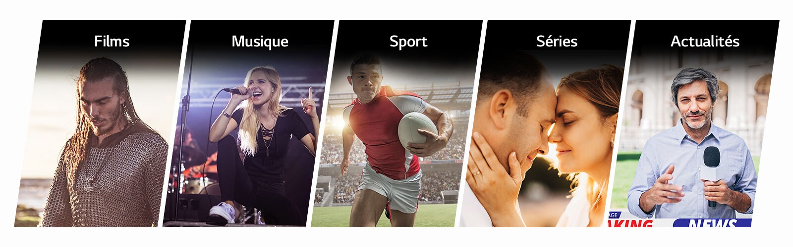 Cinq cartes verticales indiquant Films Musique Sport Séries Actualités