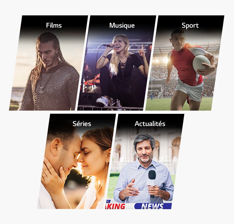Cinq cartes verticales indiquant Films Musique Sport Séries Actualités