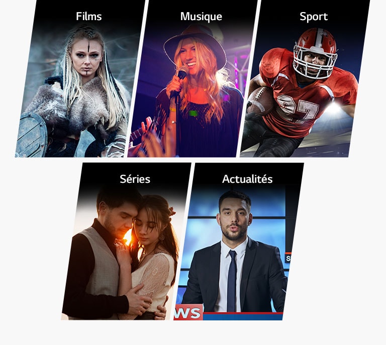 Cinq cartes verticales indiquant Films Musique Sport Séries Actualités