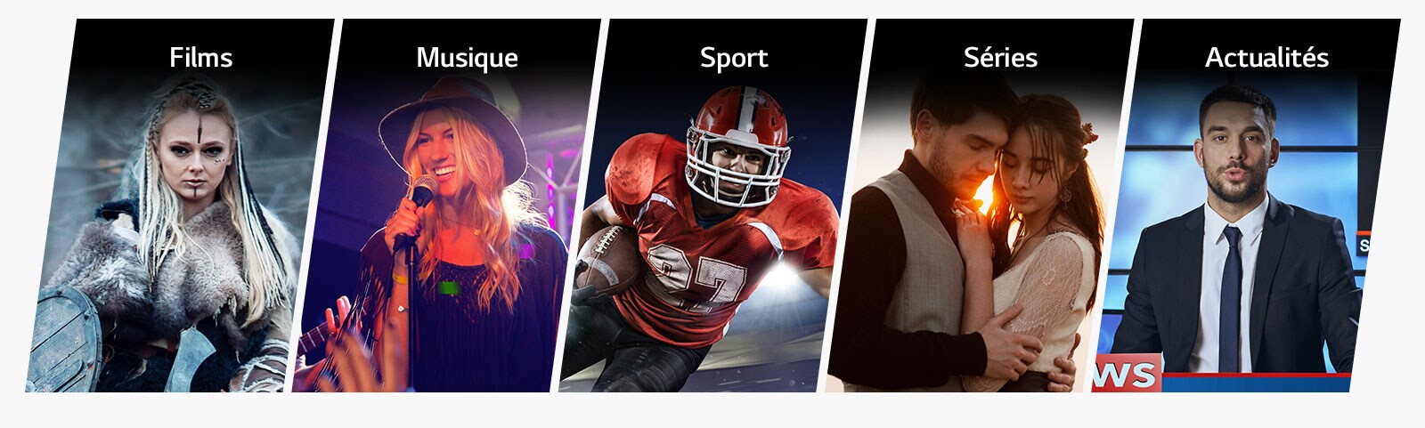 Cinq cartes verticales indiquant Films Musique Sport Séries Actualités