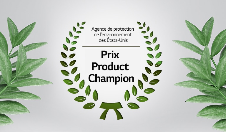 Une couronne de laurier verte entoure le texte du prix Product champion de l’EPA. Des feuilles vertes sont placées des deux côtés de l’image.
