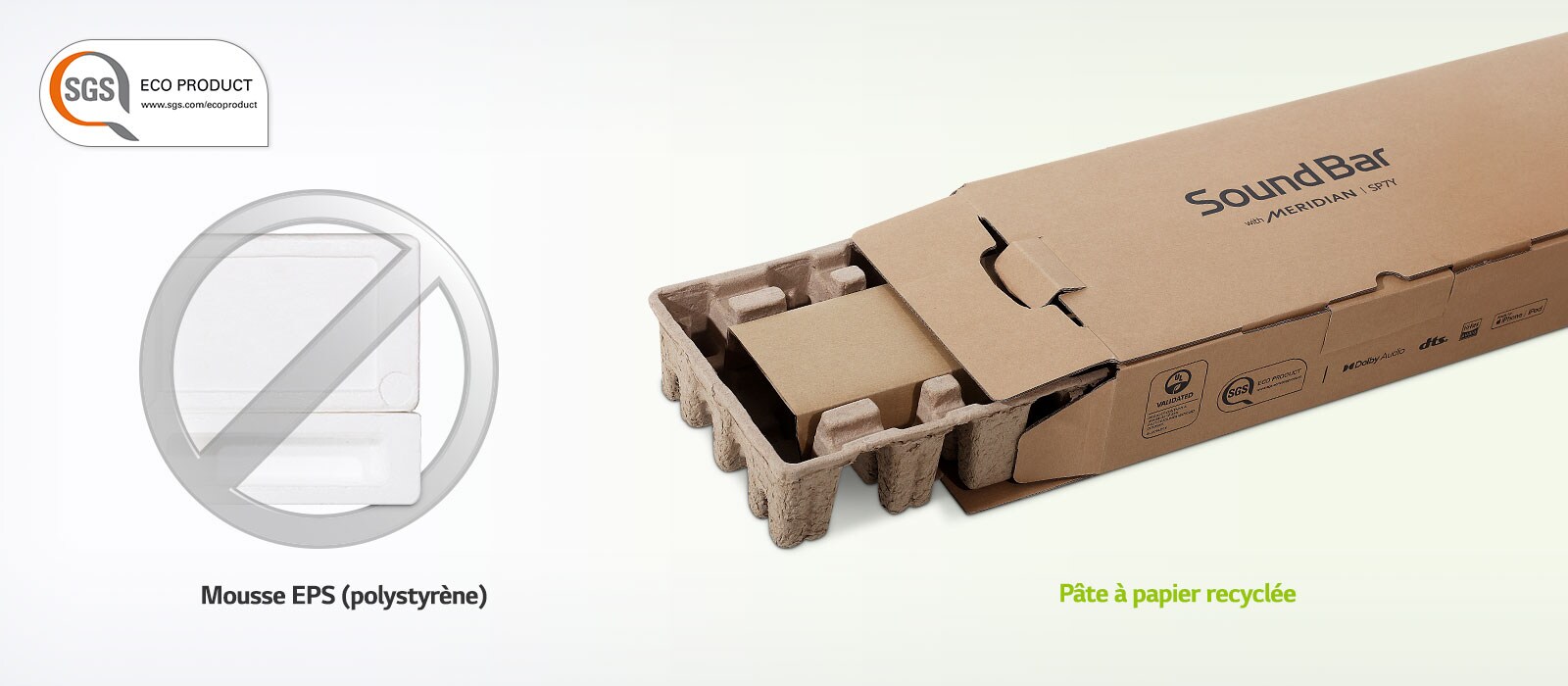 Logo de PRODUIT ÉCOLOGIQUE SGS au coin supérieur gauche. Marque d’interdiction grise sur une image de polystyrène à gauche et image de carton d’emballage à droite.