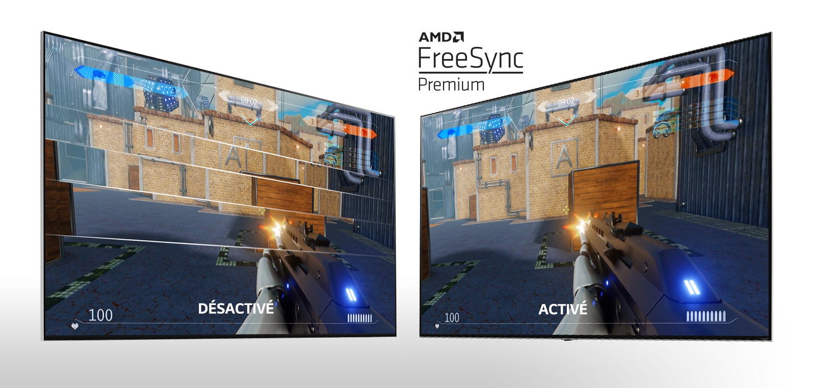 Deux écrans de téléviseur côte à côté affichant un jeu de tir. L’écran de gauche affiche l’image sans FreeSync et celui de droite avec FreeSync.