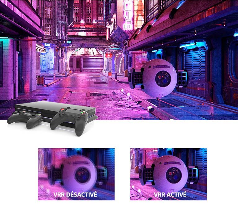 Une rue aux éclairages roses avec un engin robotique futuriste et une console de jeu en haut de l’image. Ci-dessous figurent deux gros plans de l’engin robotique, celui de gauche étant flou avec la mention VRR désactivé et celui de droite étant net et présentant l’image avec VRR.