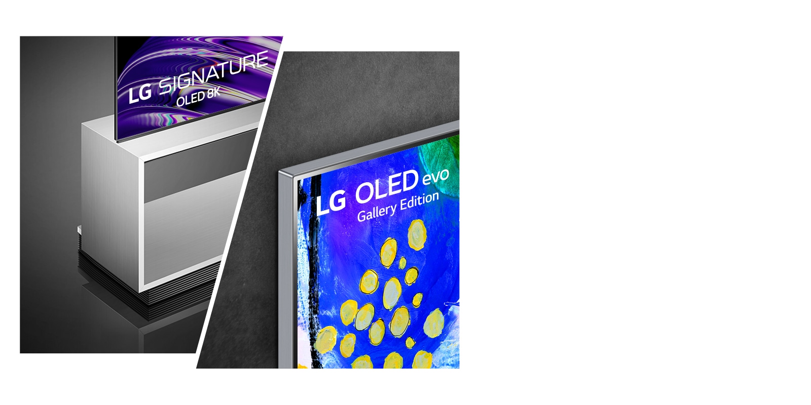 Le côté gauche de l'image montre une vue latérale du LG OLED Z2 avec support au sol. Le côté droit montre la conception de la galerie du LG OLED G2. Les logos de garantie de 5 ans sont au milieu de l'image.