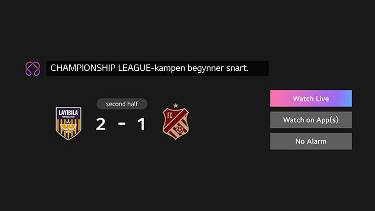 La notification de sport s’affiche. C’est un rappel du match de la ligue des champions qui est sur le point de commencer. Les boutons CTA sont également visibles, regarder en direct, regarder sur l’application, pas d’alarme.