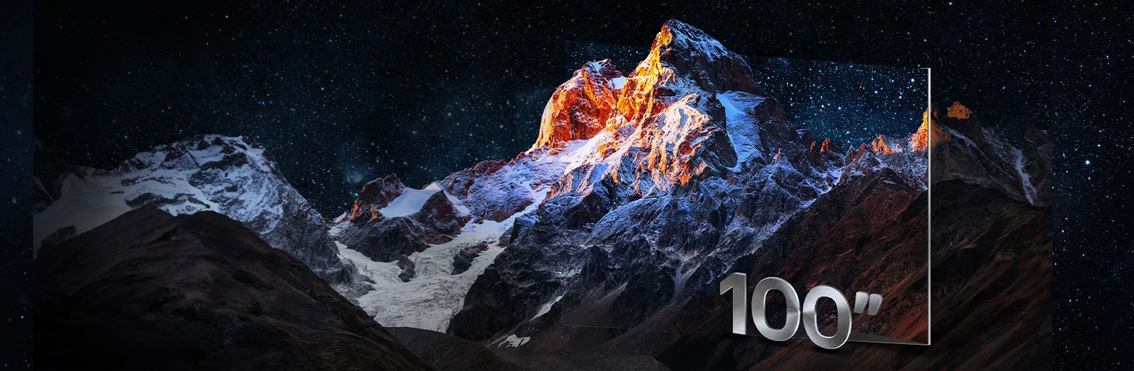 Une chaîne de montagnes avec le cadre d’une TV autour de lui comme moyen créatif de mettre en valeur la grande taille de l’écran. Avec l’étiquette 100 pouces.