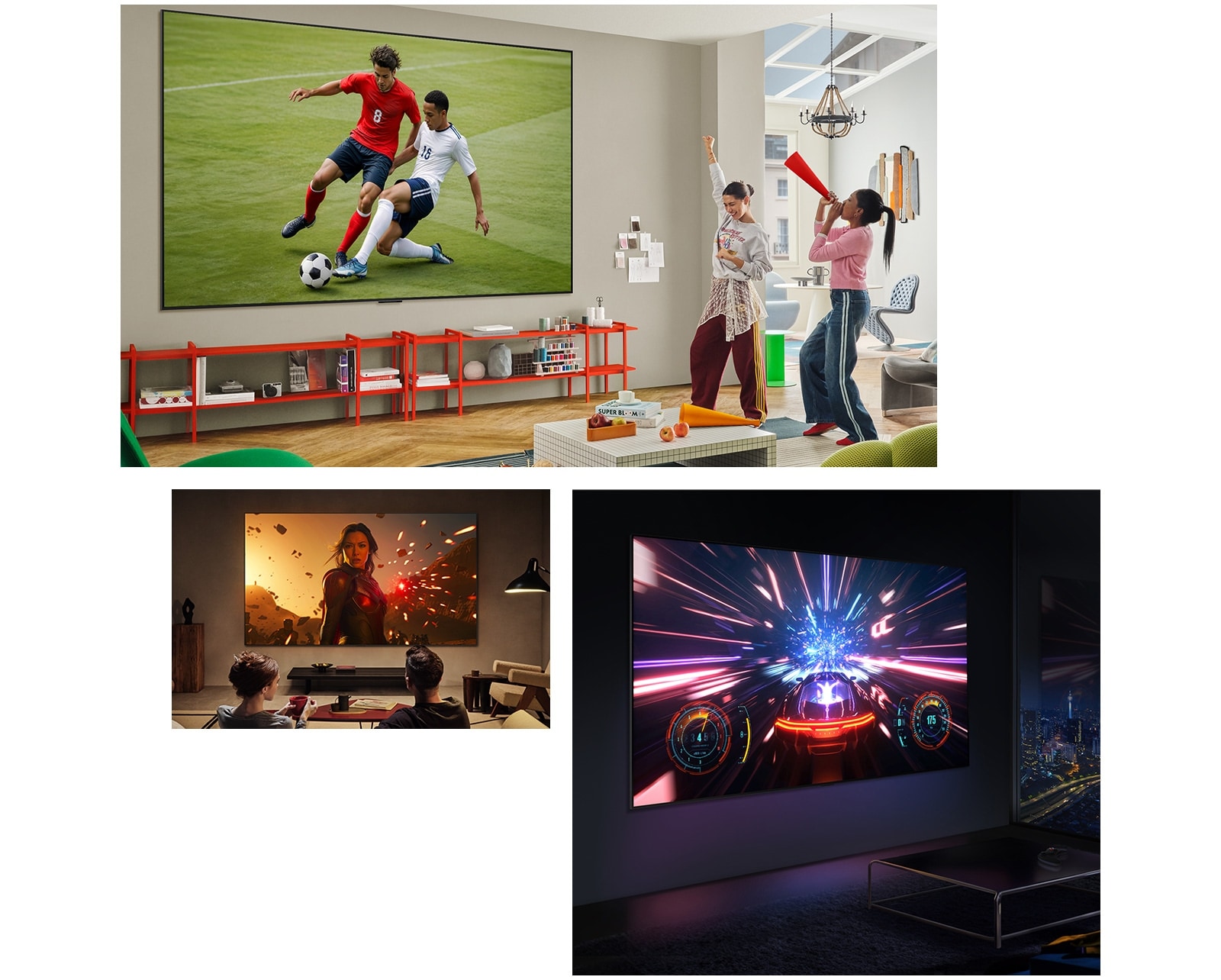 Différents salons avec des personnes profitant de leurs TVs ultra larges de différentes façons. Dans une pièce, elles regardent du sport. Dans l’autre pièce, elles regardent un film. Dans la dernière pièce, un jeu vidéo est à l’écran.