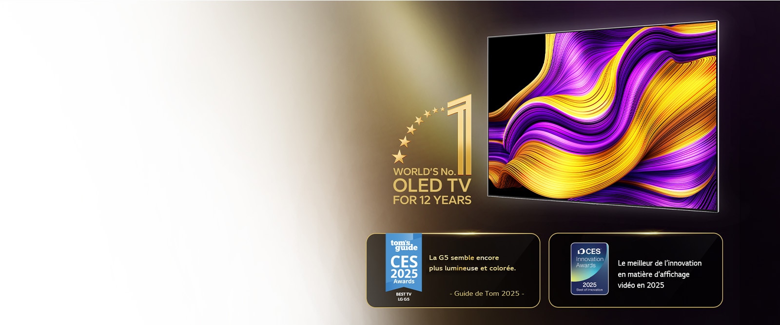LG OLED TV avec l’emblème OLED TV numéro 1 mondiale depuis 12 ans. Des prix ont également été décernés. Selon les prix CES 2025 de Tom's Guide, la G5 semble encore plus lumineuse et colorée. Prix de l’innovation CES 2025, Meilleure innovation 2025 dans la catégorie affichage vidéo.