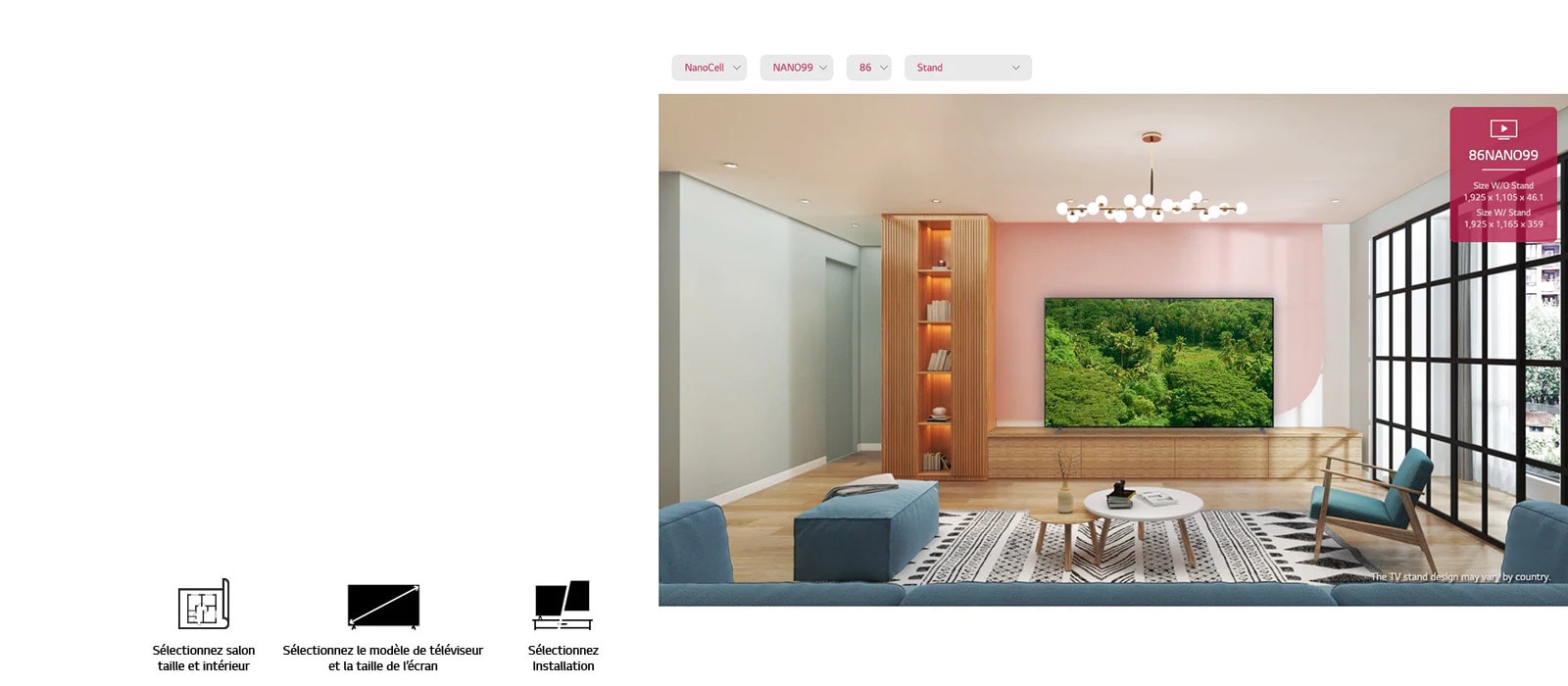 Un grand téléviseur à écran plat fixé sur un mur rose est entouré d’un mobilier naturel. L’écran montre une forêt luxuriante.