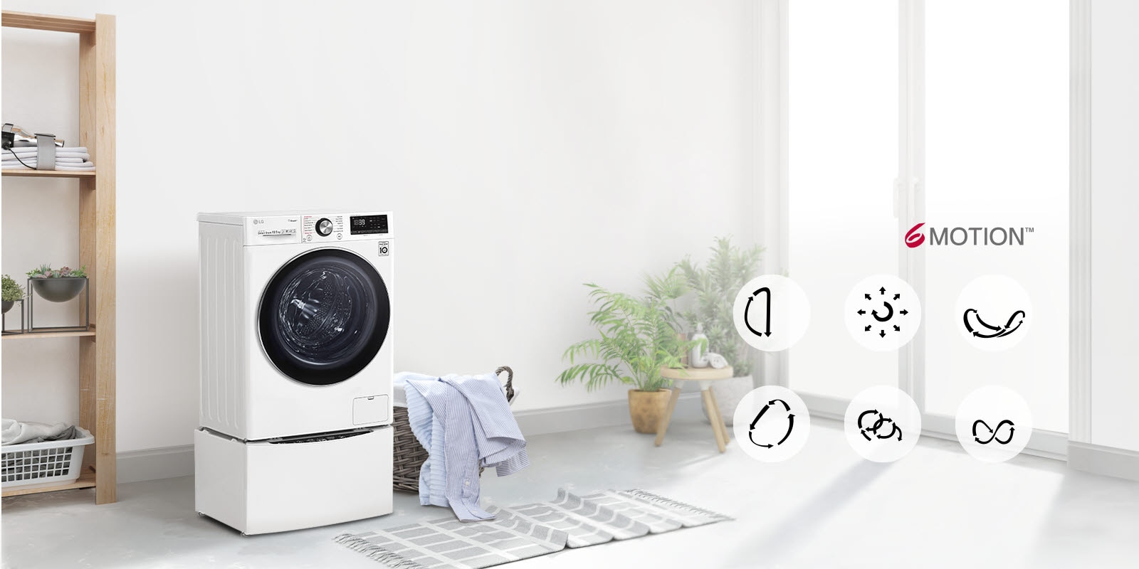 Une vidéo montre un lave-linge blanc posé dans le coin d’une pièce avec un panier à linge à son côté. Six icônes représentant les différents mouvements du lave-linge pour un lavage optimal apparaissent sur l’écran. Le logo LG 6 Motion est en haut à droite par rapport aux six icônes.