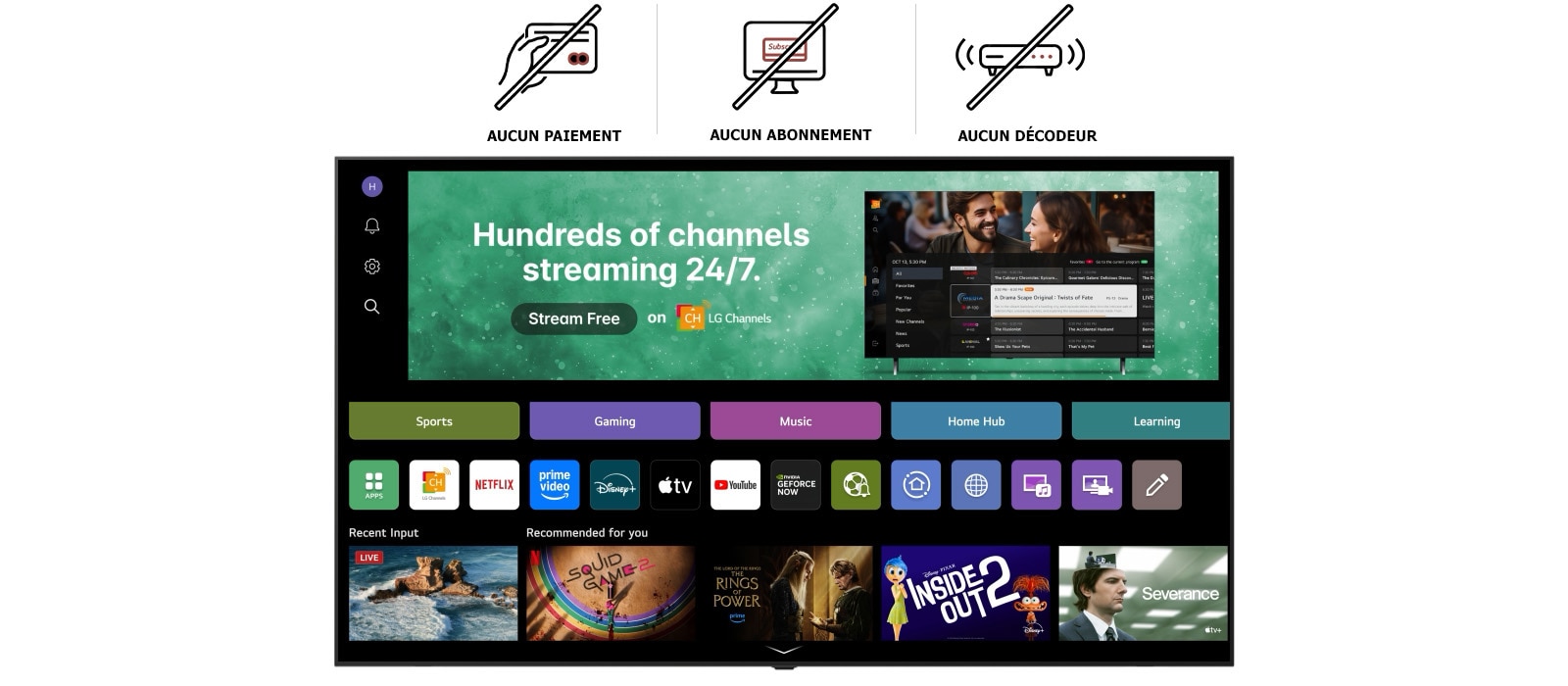Écran d’accueil de LG Smart TV naviguant dans l’interface LG Channels, présentant une variété de chaînes de TV en direct gratuites, de films et de contenus exclusifs disponibles sans abonnement, paiement ou décodeur. La vidéo met en évidence un accès facile à des centaines d’options de divertissement directement intégrées à chaque LG Smart TV.