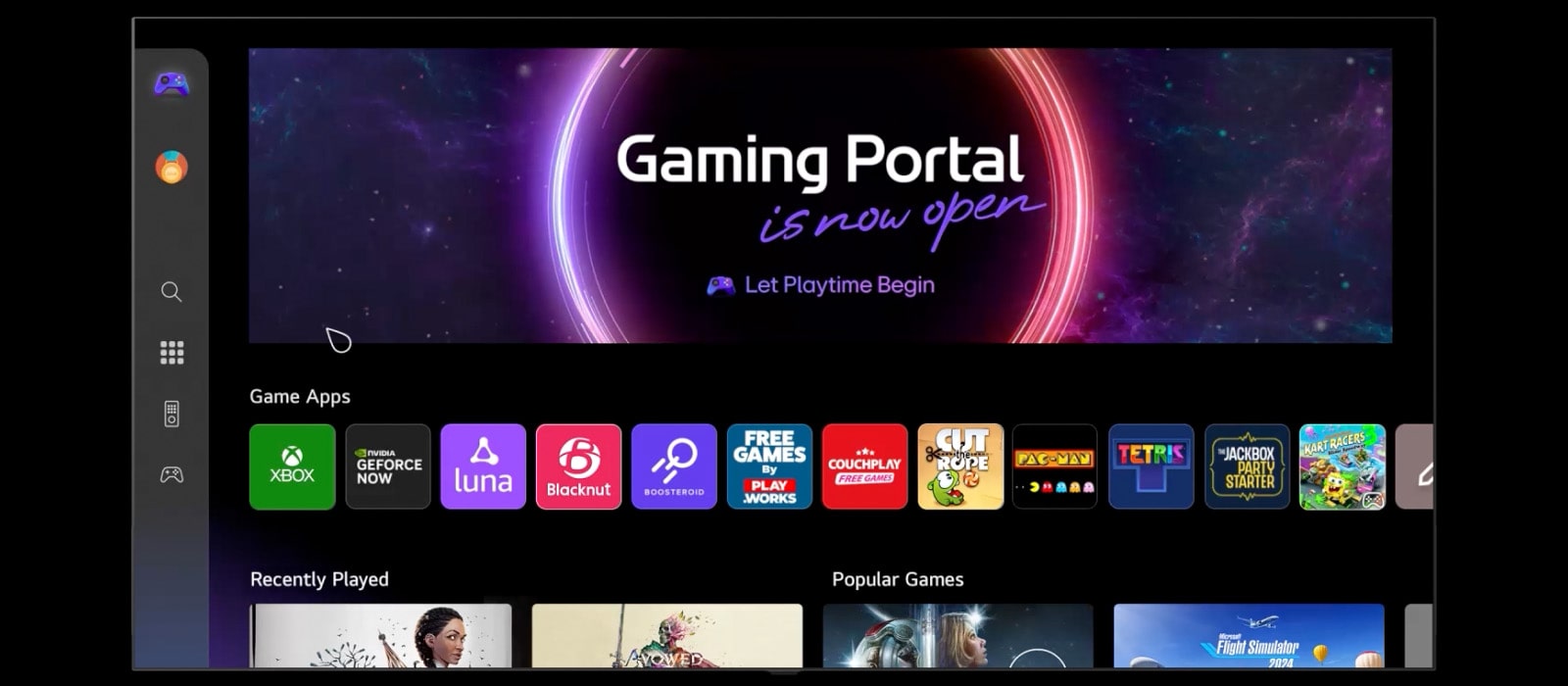 Une LG TV affichant l’écran du portail de jeu, faisant défiler les jeux et fonctionnalités disponibles vers le bas. La vidéo montre un utilisateur naviguant vers le menu des paramètres sur la gauche, présentant diverses options de jeu, notamment GFN, Luna, Blacknut, Boosteroid et Xbox.