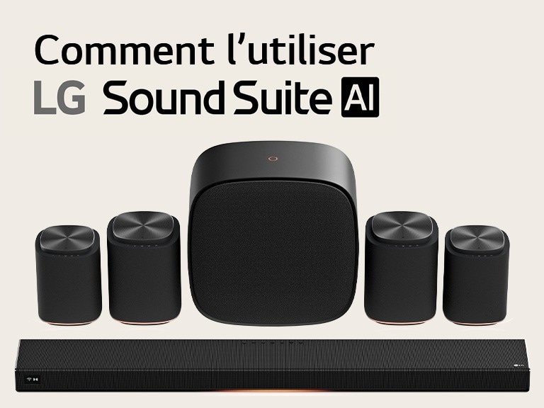Jeu d’enceintes home cinéma LG Sound Suite équipé d’une barre de son H7, d’une paire d’enceintes M7, d’une autre paire d’enceintes M5 et d’un caisson de basses W7.