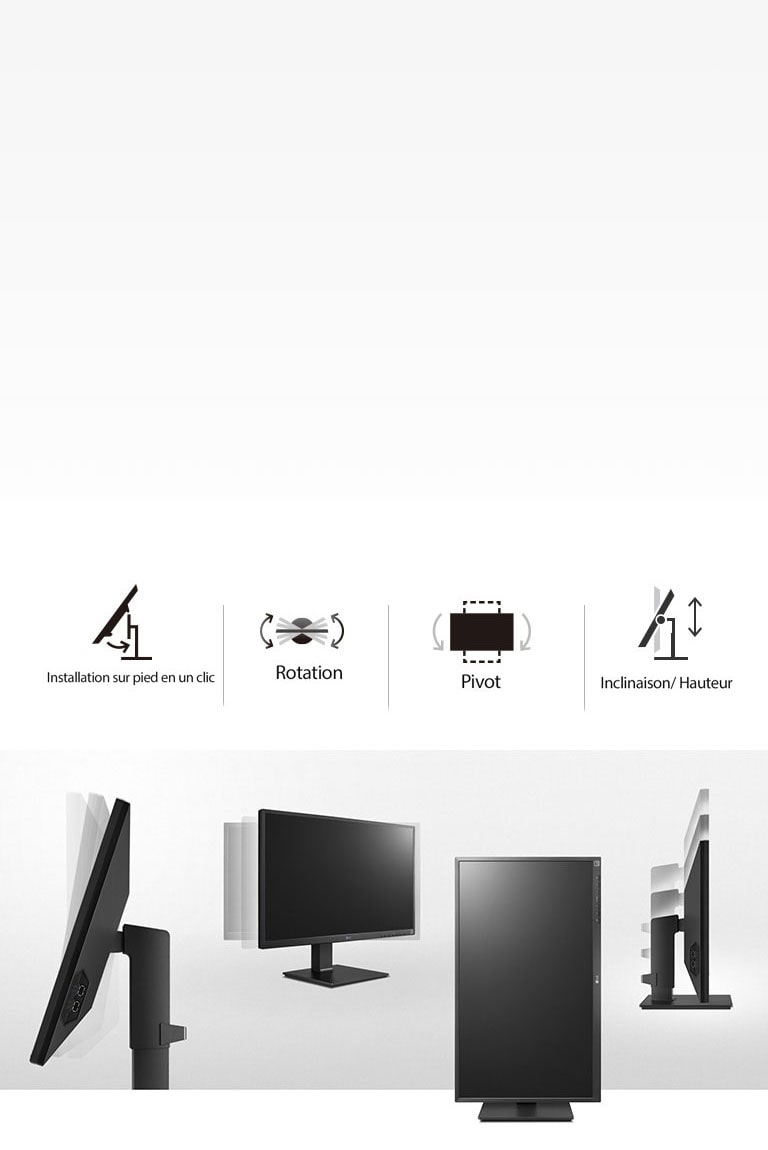 vue des produits axée sur les caractéristiques de Rotation, Pivot, Inclinaison, Hauteur et Installation sur pied en un clic