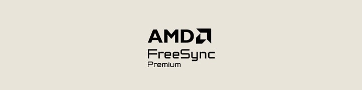 Paveikslėlis, kuriame šviesiai smėlio spalvos fone matomas juodas „AMD „FreeSync™ Premium“ sertifikato logotipas.