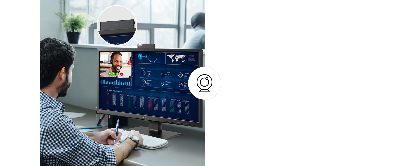 Webcam Full HD de type push-pull offrant une sécurité accrue et un haut-parleur intégré.