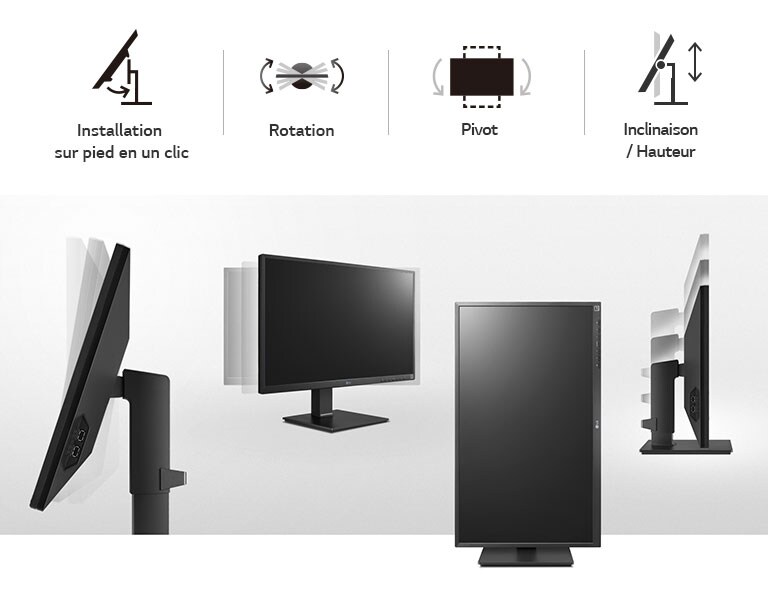 vue des produits axée sur les caractéristiques de Rotation, Pivot, Inclinaison, Hauteur et Installation sur pied en un clic