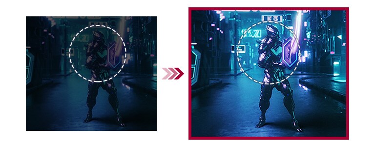 Une comparaison de deux scènes de jeu entre le mode conventionnel offrant une visibilité réduite pour les scènes dans l’obscurité et le mode Black Stabilizer offrant une meilleure visibilité avec la même scène.