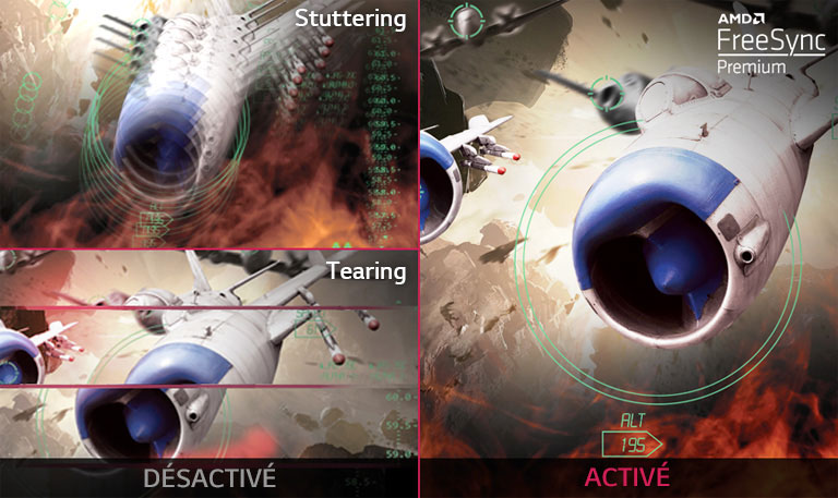 Une image de jeu claire et un mouvement fluide et continu surviennent lorsque la technologie AMD FreeSync™ Premium Pro est activée, tandis que les saccades et les déchirements de l’écran surviennent lorsque la technologie AMD FreeSync™ Premium Pro n’est pas activée.